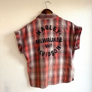 Harley Davidson Women’s Shirt Orange Brown Plaid Bleach Effect Size Medium